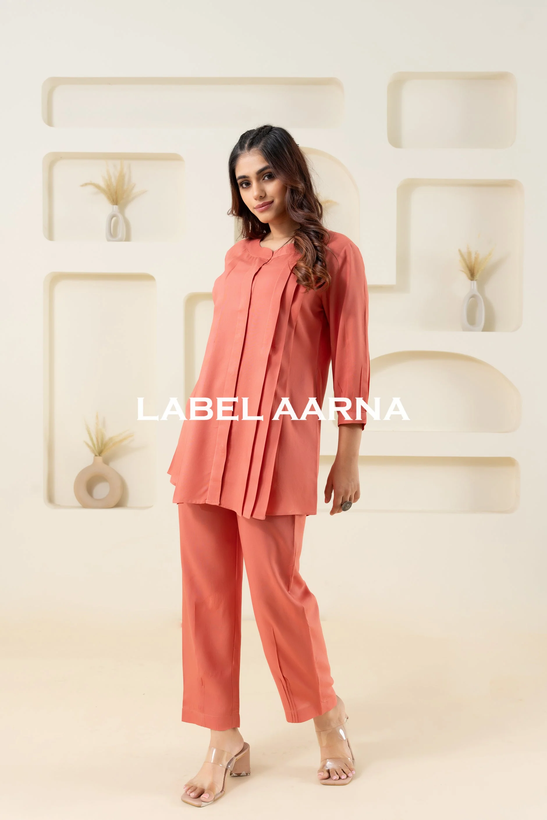 Peach Viscose Pleated Flared Solid Co-Ord Set