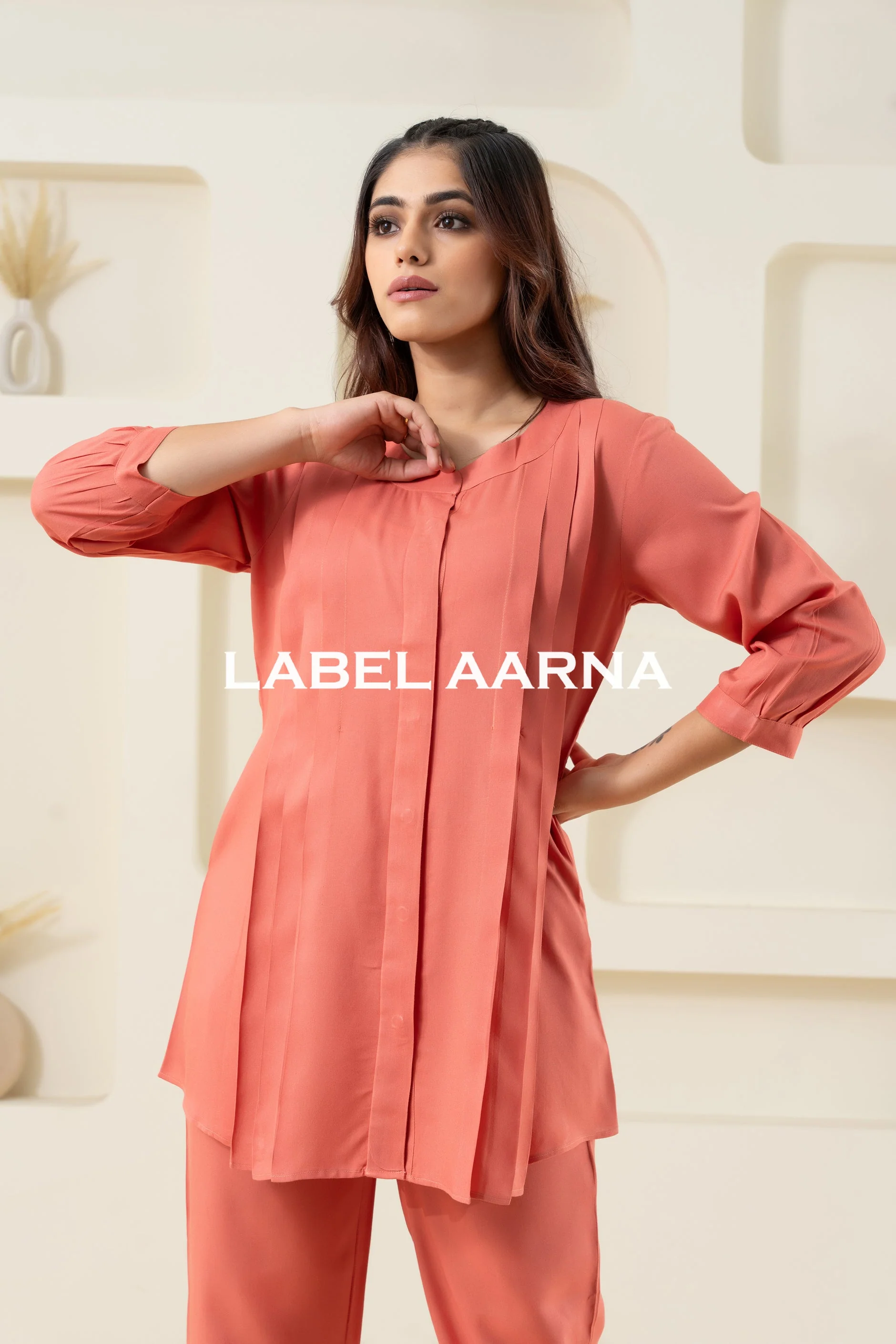 Peach Viscose Pleated Flared Solid Co-Ord Set - Image 3