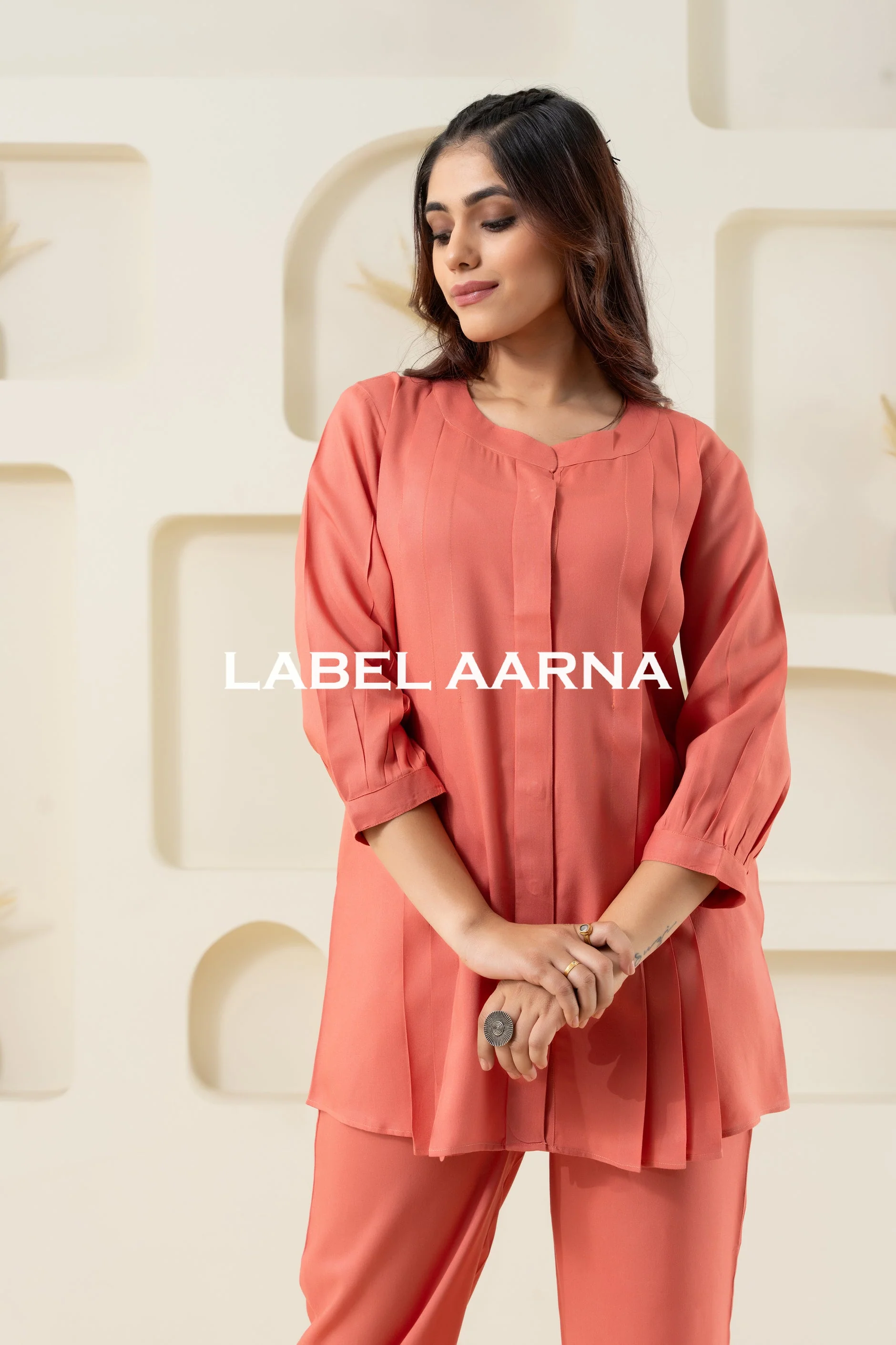 Peach Viscose Pleated Flared Solid Co-Ord Set - Image 4