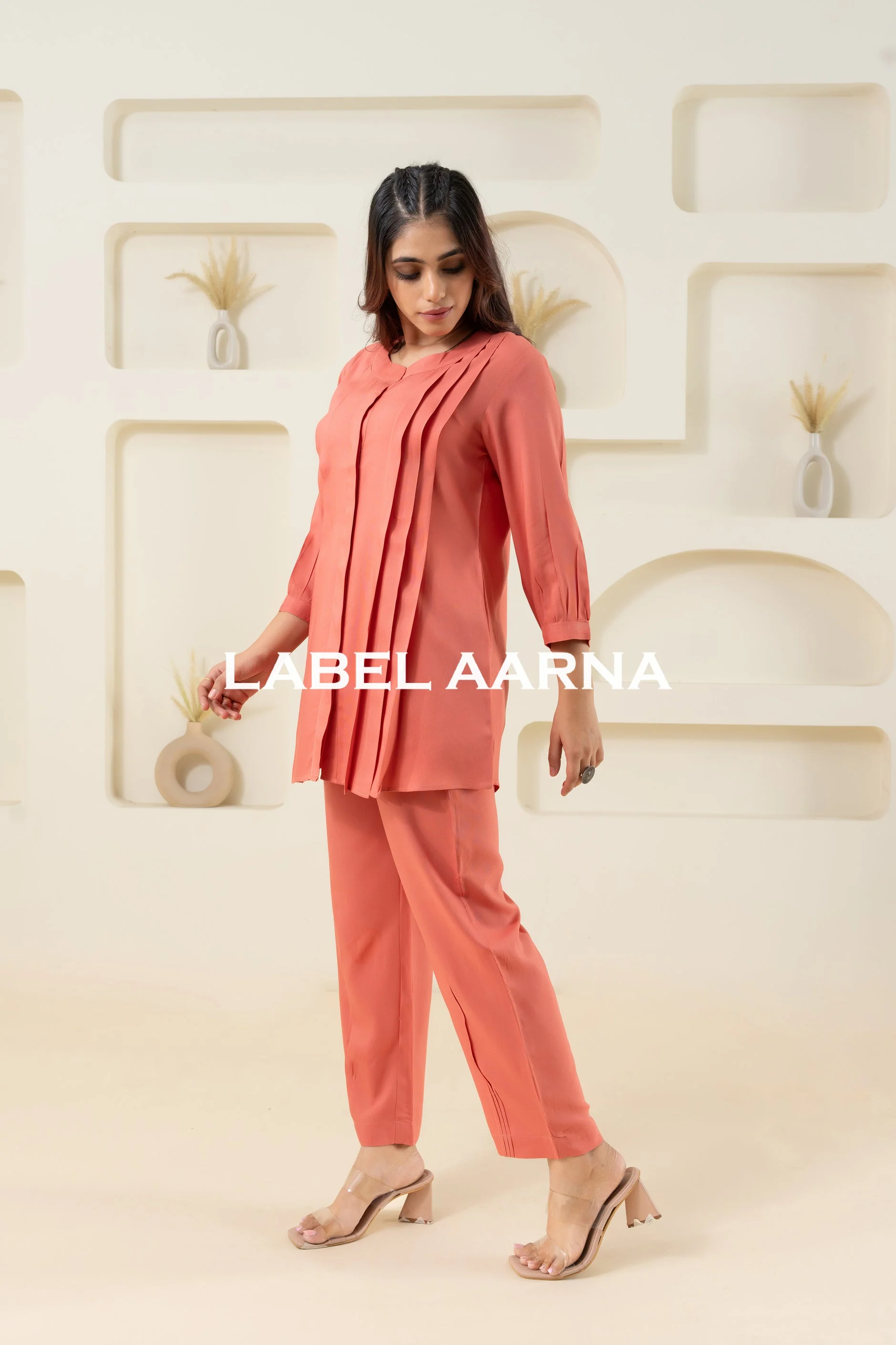 Peach Viscose Pleated Flared Solid Co-Ord Set - Image 5