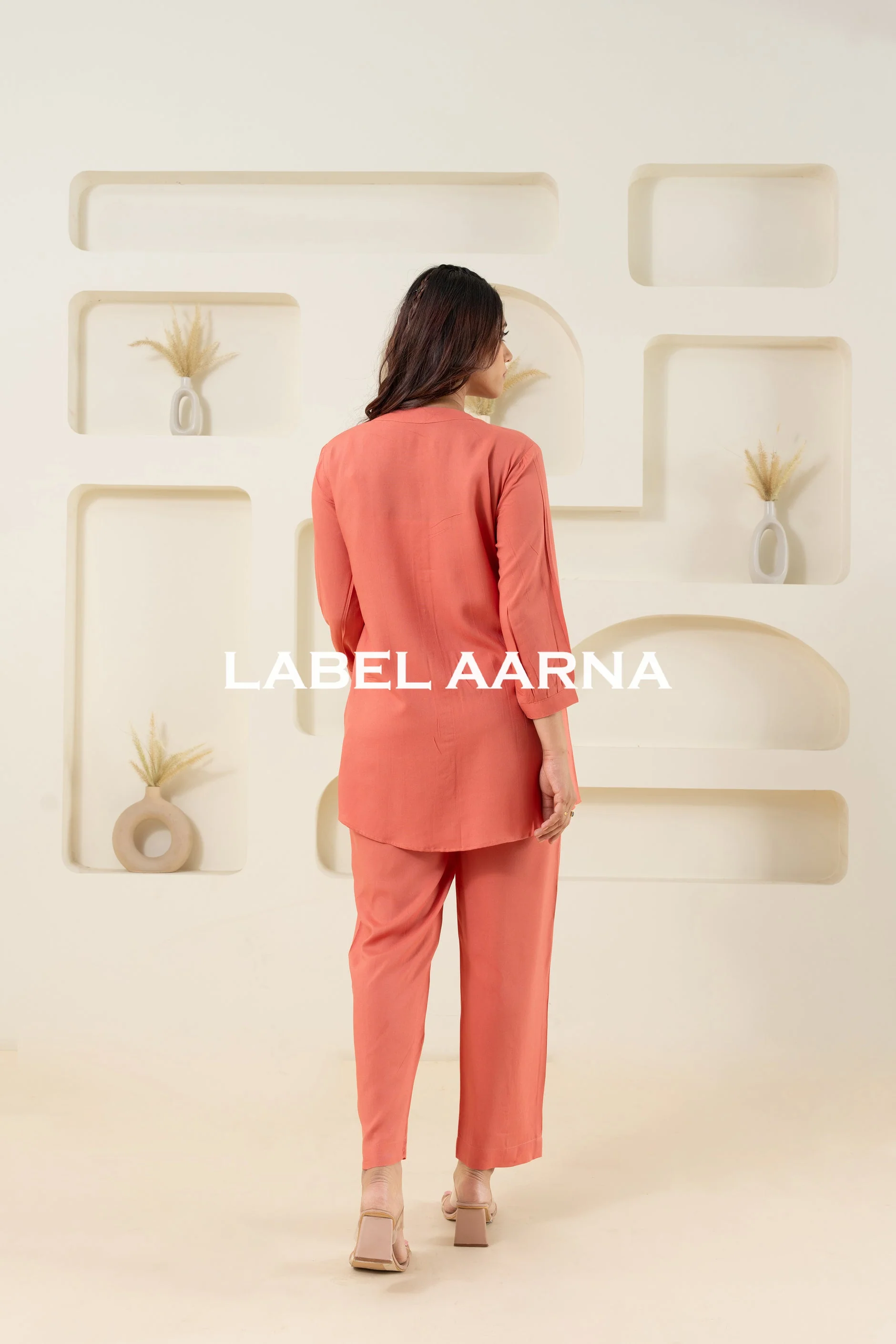 Peach Viscose Pleated Flared Solid Co-Ord Set - Image 6