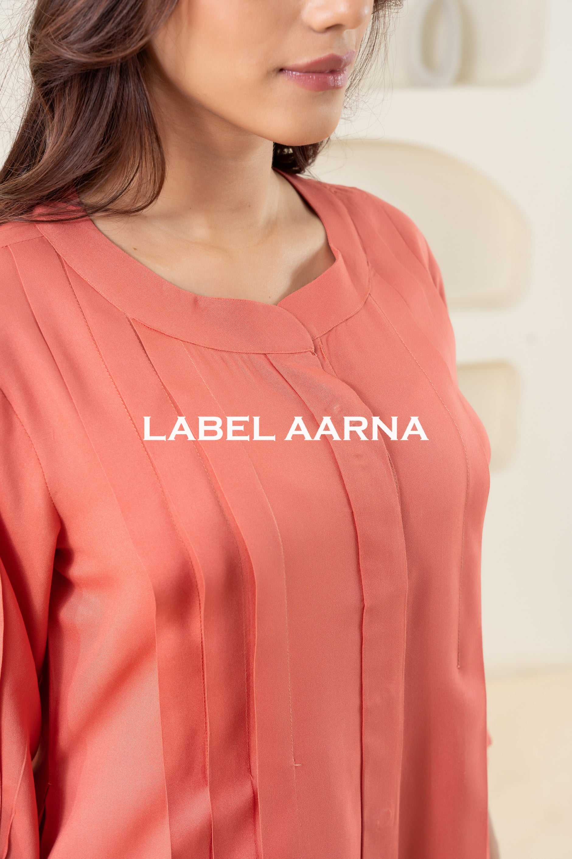 Peach Viscose Pleated Flared Solid Co-Ord Set - Image 7