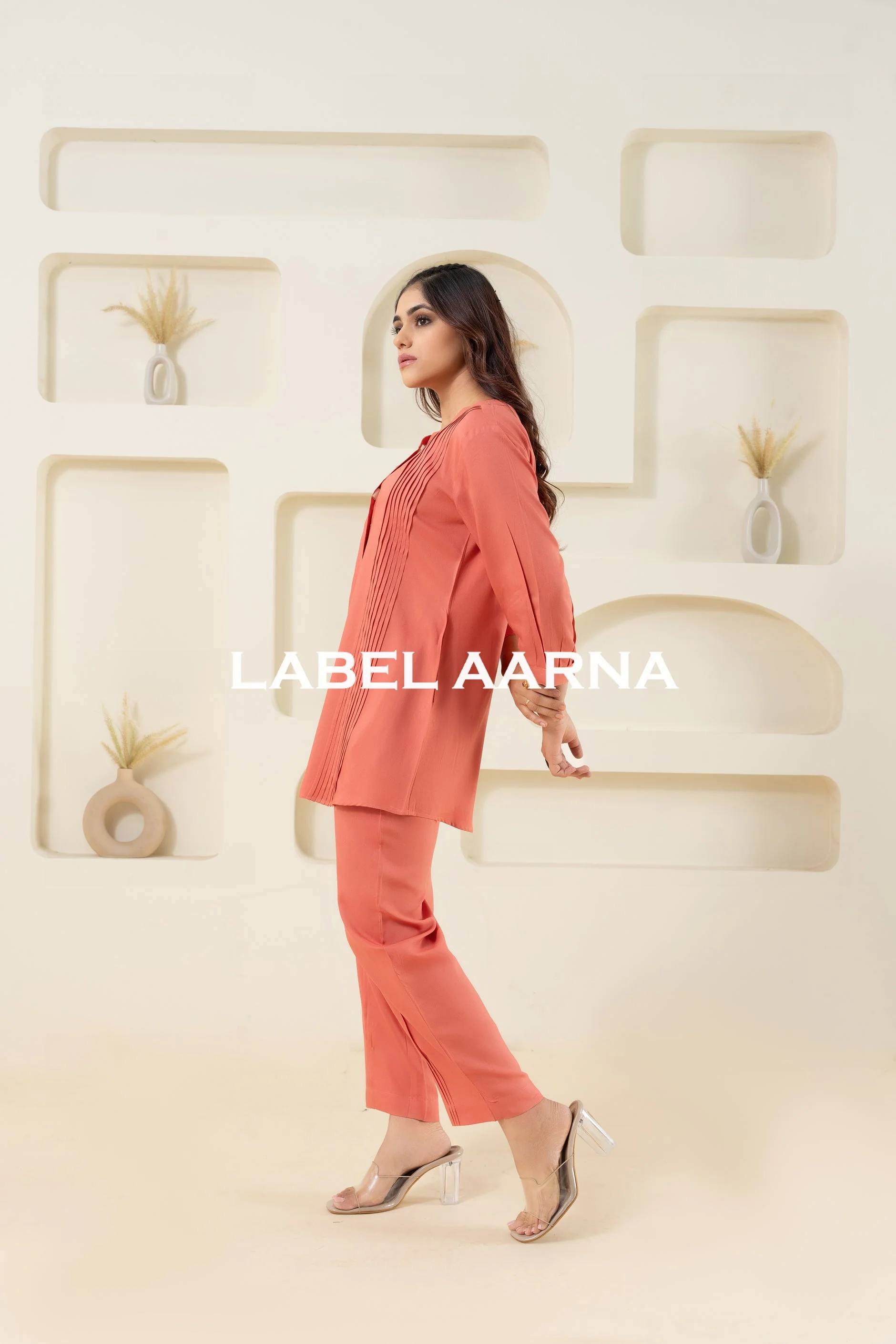 Peach Visocse Pleated Solid Co-Ord Set - Image 2