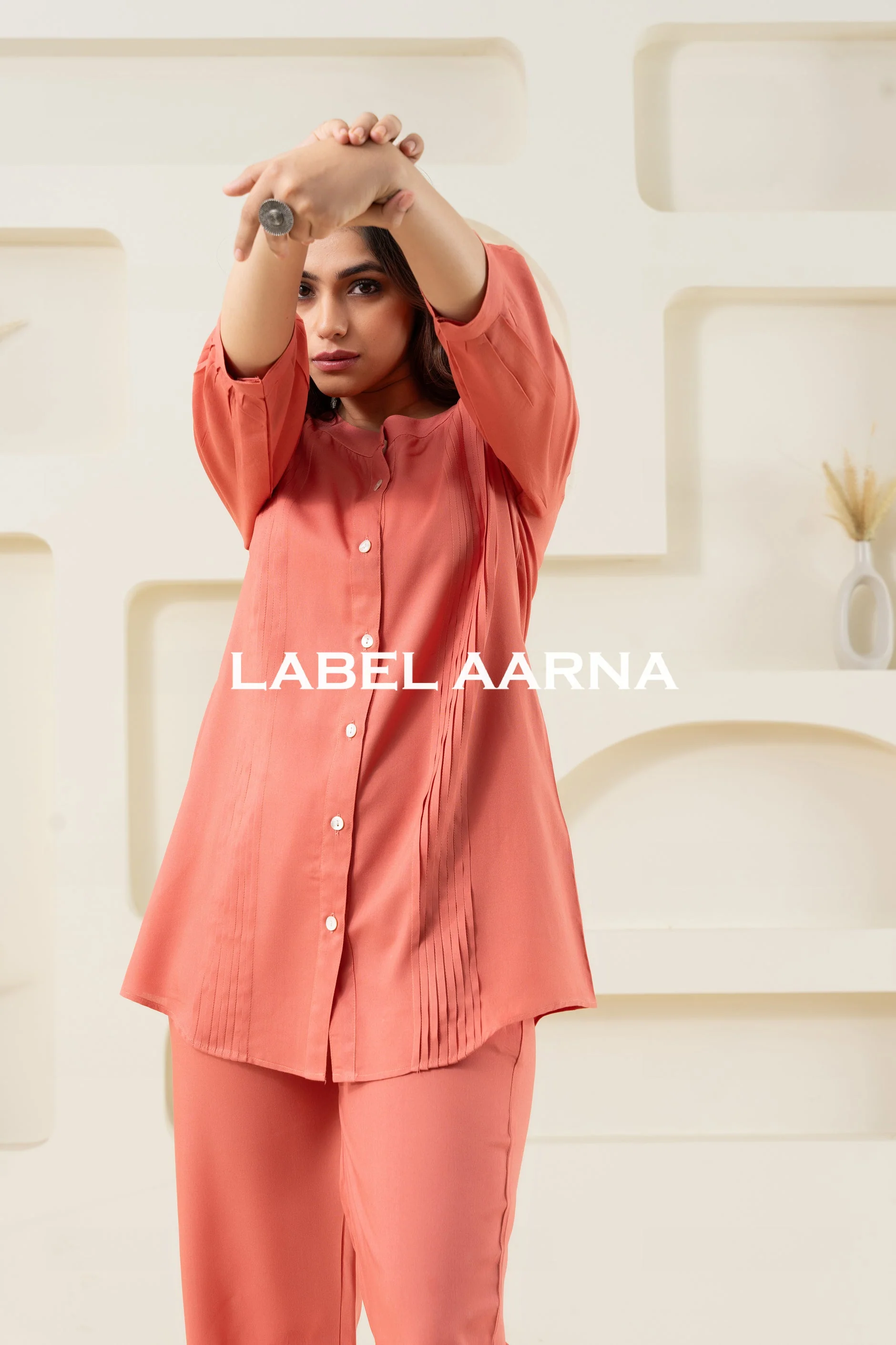 Peach Visocse Pleated Solid Co-Ord Set - Image 3