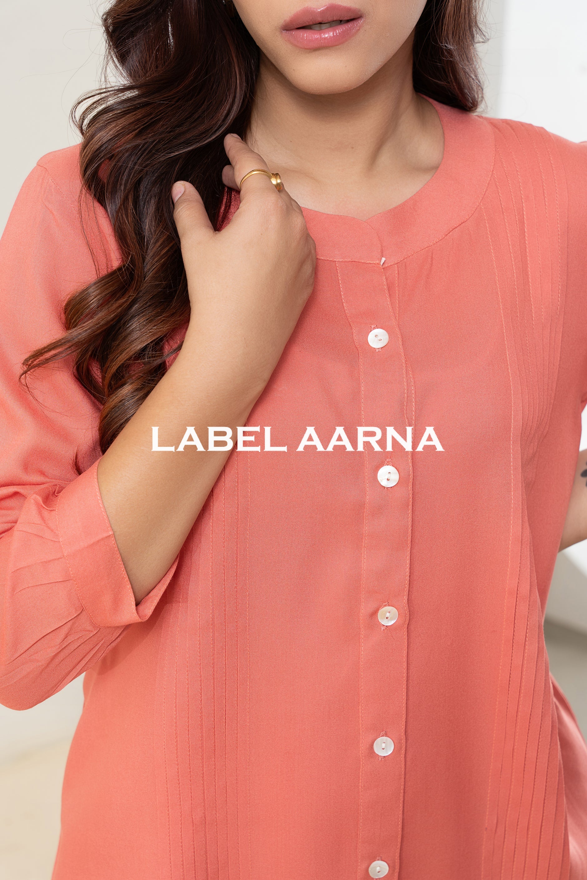 Peach Visocse Pleated Solid Co-Ord Set - Image 6