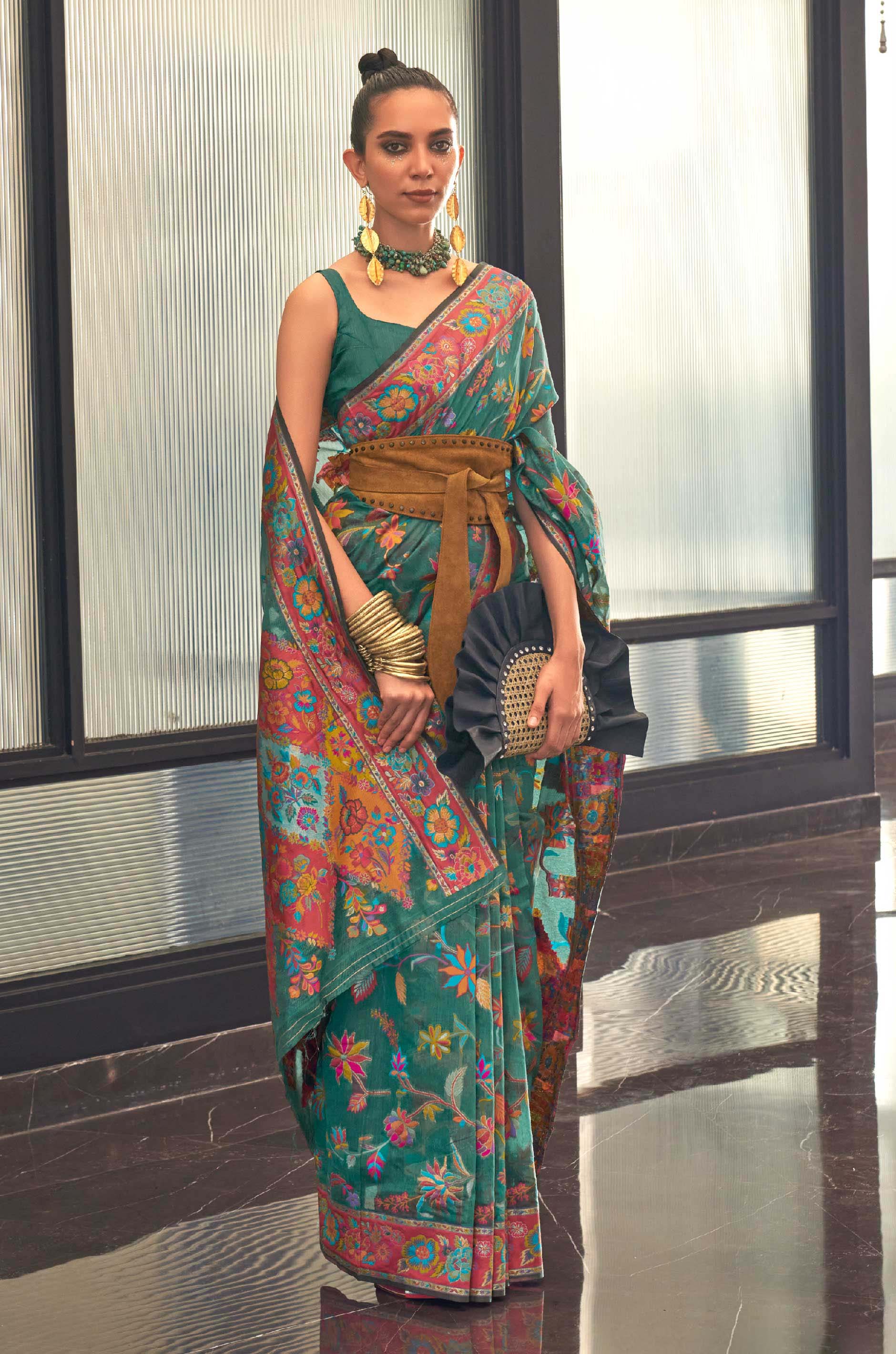 Peacock Blue Floral Woven Silk Saree