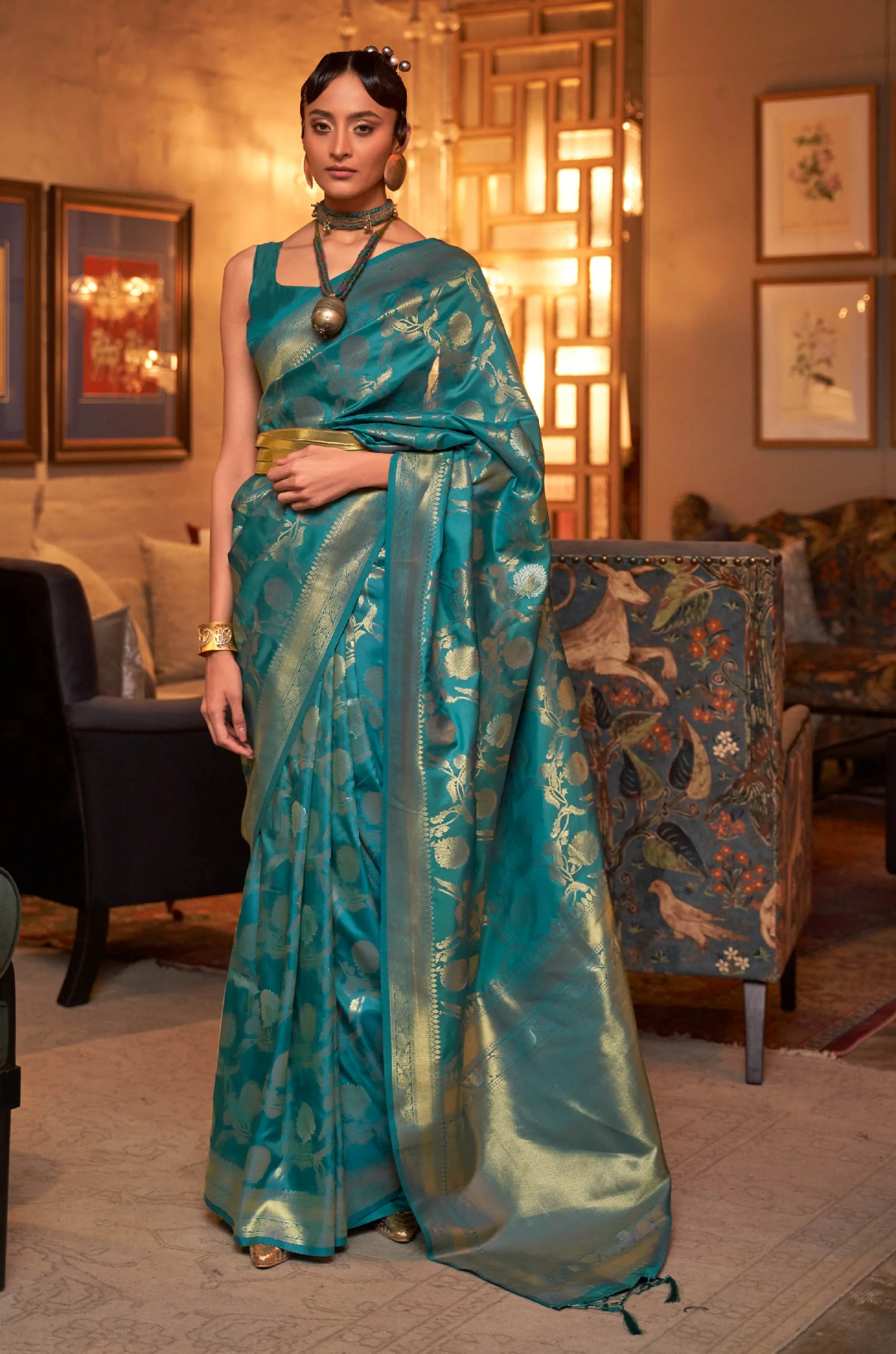 Peacock Blue Woven Banarasi Silk Saree