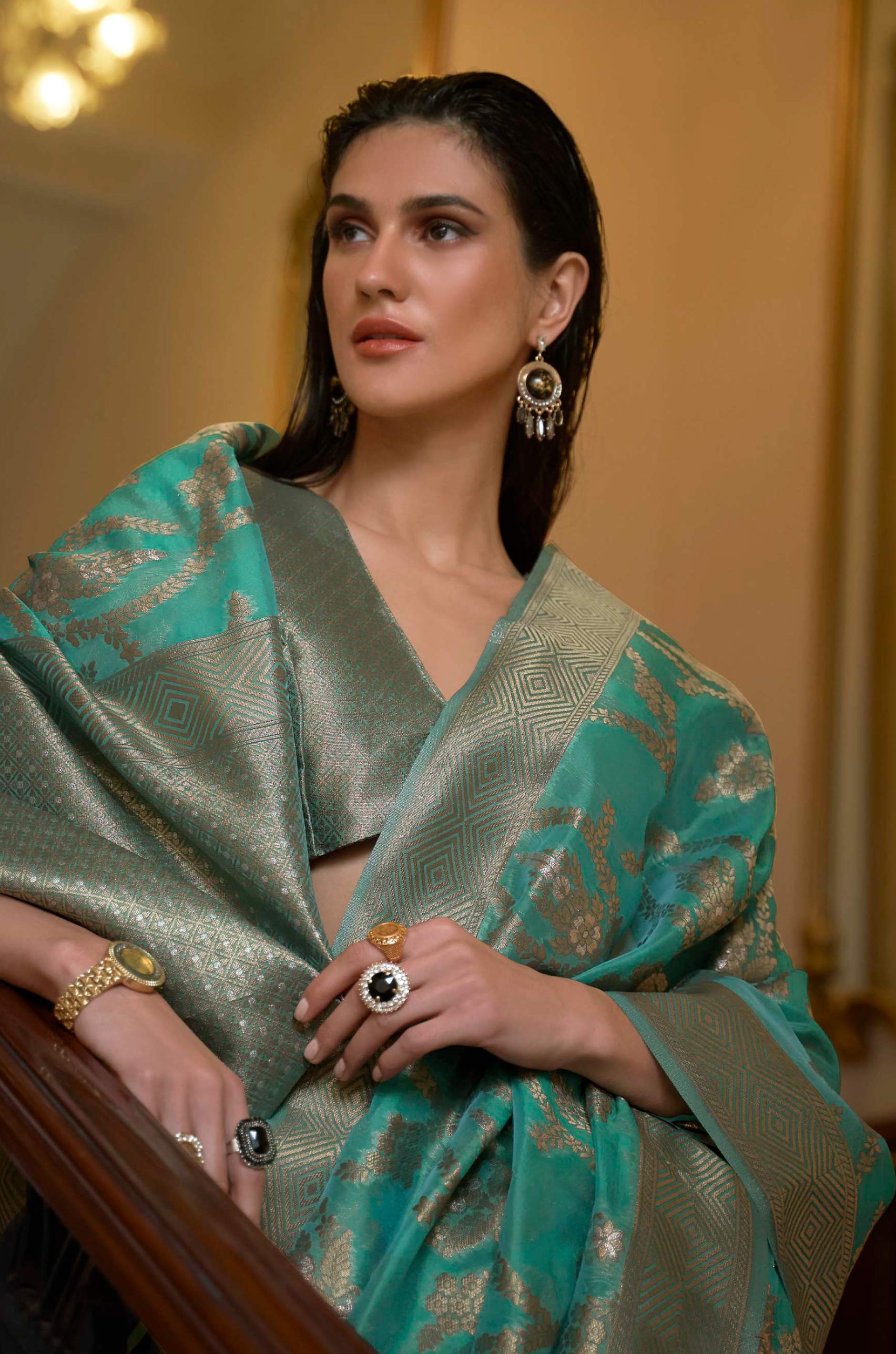 Peacock Green Organza Woven Saree - Image 5