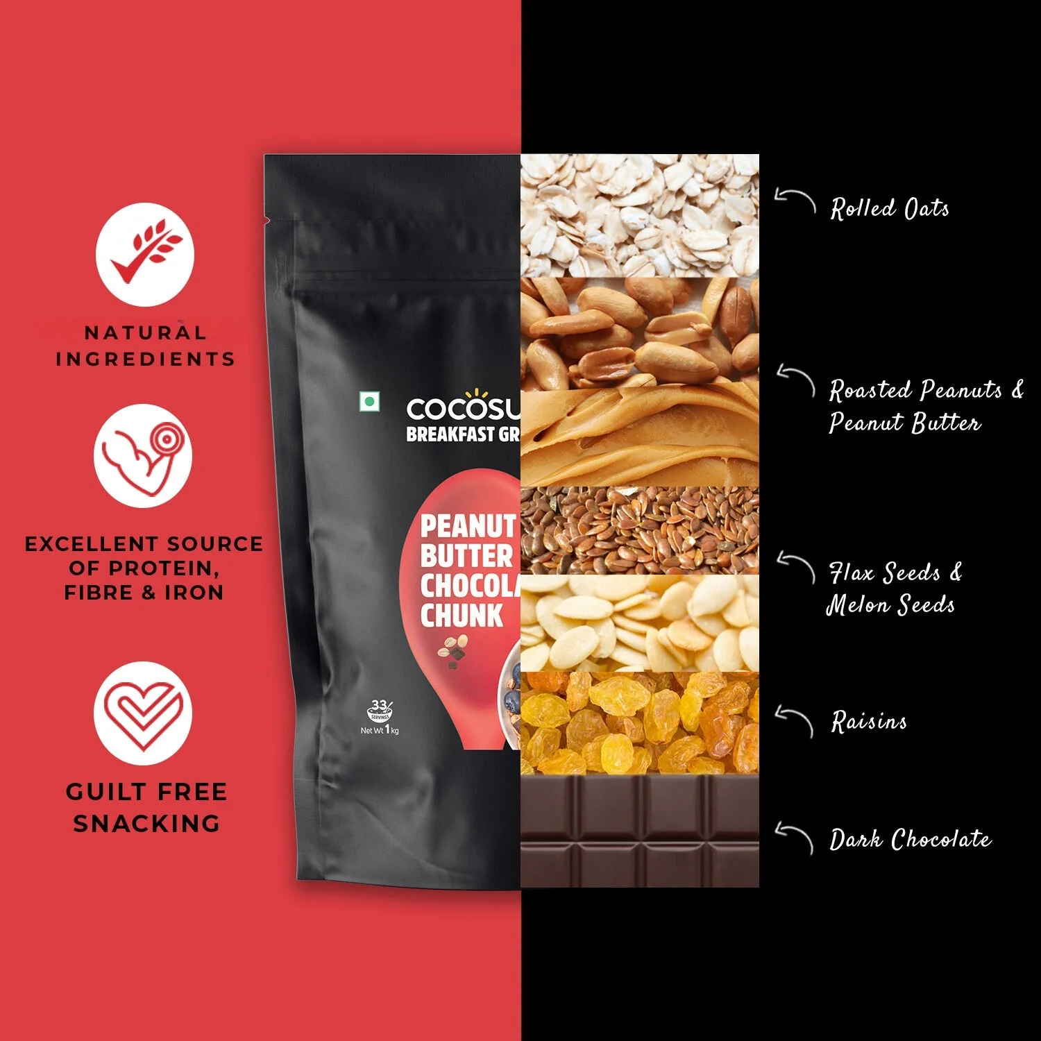Peanut Butter Chocolate Chunk Breakfast Granola - Oats, Nuts & Seeds Blend | 1 kg - Image 6