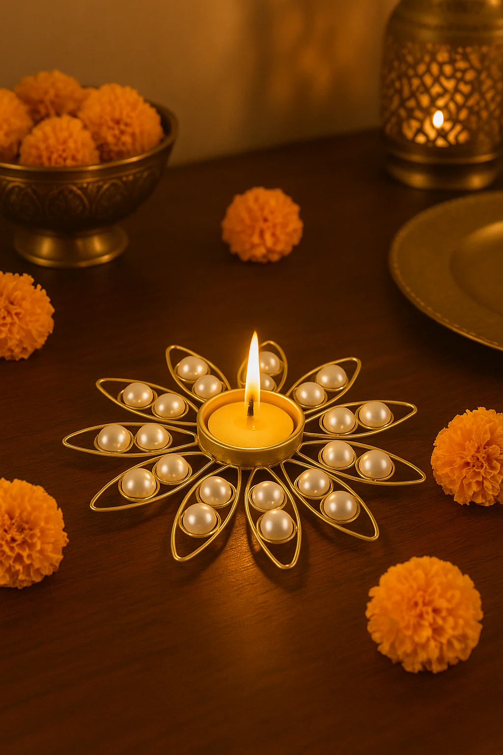 Pearl Decorative Diya for Home Décor | Festive Tealight Candle Holder | Centerpiece for Living Room & Puja | 12 Inch Round Designer Diya with Pearls - Image 2