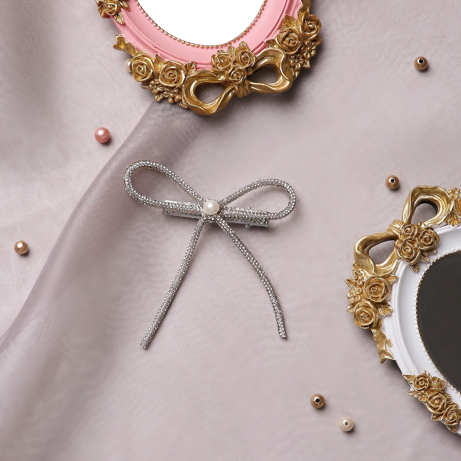 Pearl Embellished Long Tail Rhinestone Hair Bow - Image 2