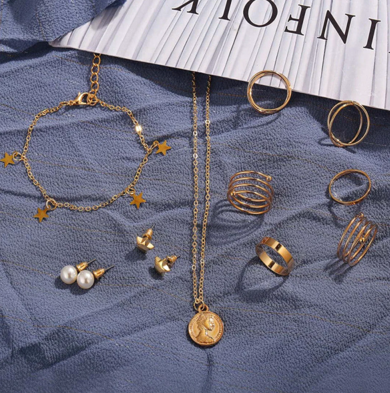 Pearl Gold Plated Earrings with Necklace and Beautiful Rings with Bracelet for Women - Image 4