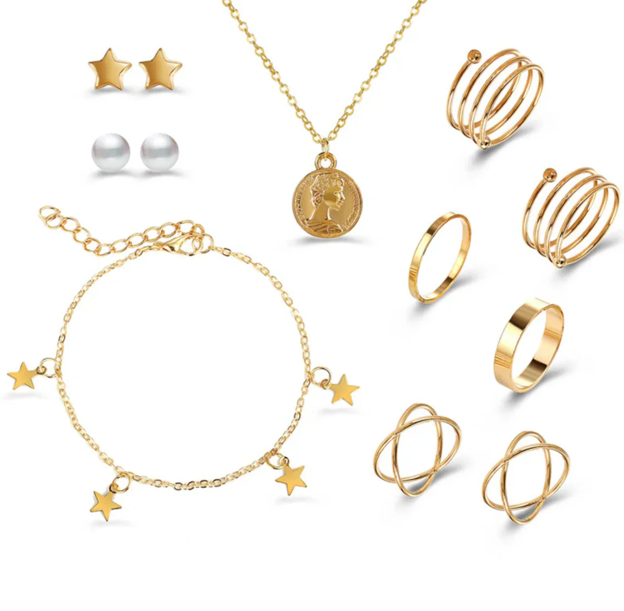 Pearl Gold Plated Earrings with Necklace and Beautiful Rings with Bracelet for Women - Image 5