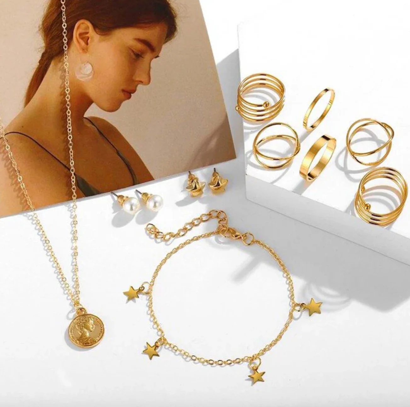 Pearl Gold Plated Earrings with Necklace and Beautiful Rings with Bracelet for Women - Image 7
