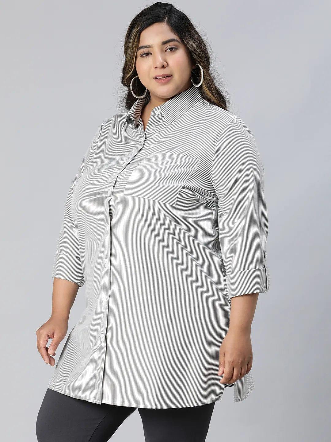 Perfect Black Stripe Print Long Sleeve Plus Size Cotton Shirt - Image 3