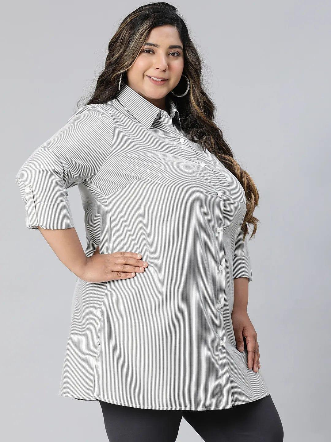 Perfect Black Stripe Print Long Sleeve Plus Size Cotton Shirt - Image 4