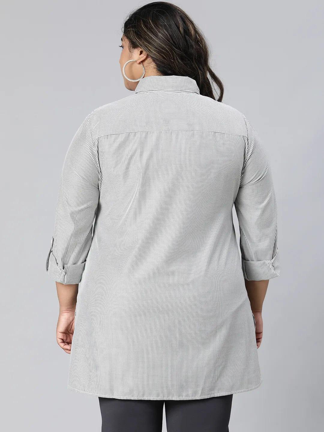 Perfect Black Stripe Print Long Sleeve Plus Size Cotton Shirt - Image 5