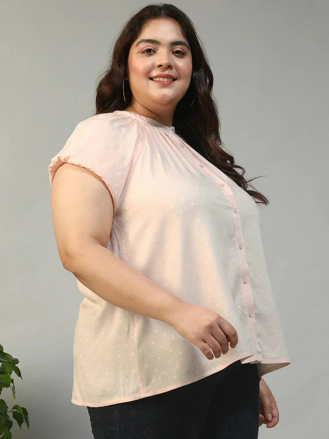 Perfect Peach Gather Detail Short Sleeve Button Down Rayon Swiss Dot Dobby Plus Size Women Shirt - Image 3