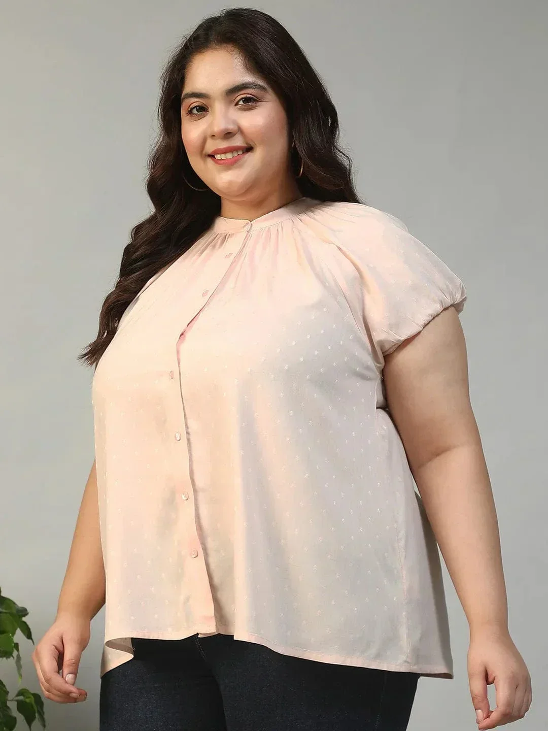 Perfect Peach Gather Detail Short Sleeve Button Down Rayon Swiss Dot Dobby Plus Size Women Shirt - Image 4