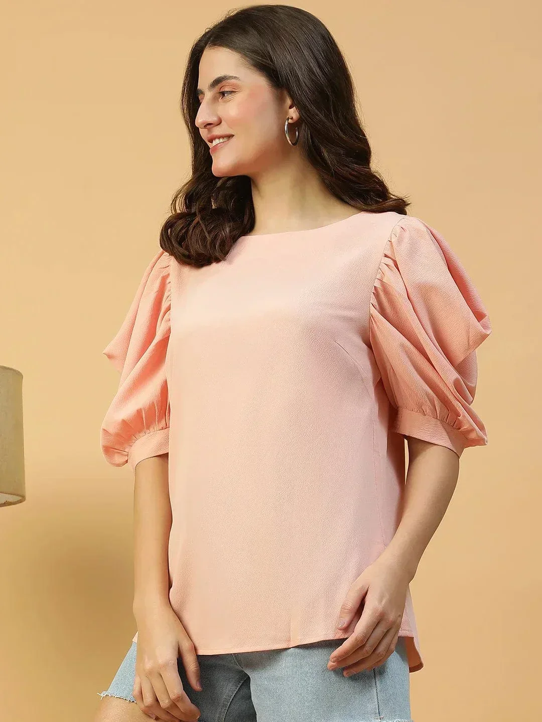 Perfect Peach Round Neck Short Puff Sleeve Women Top - Image 3