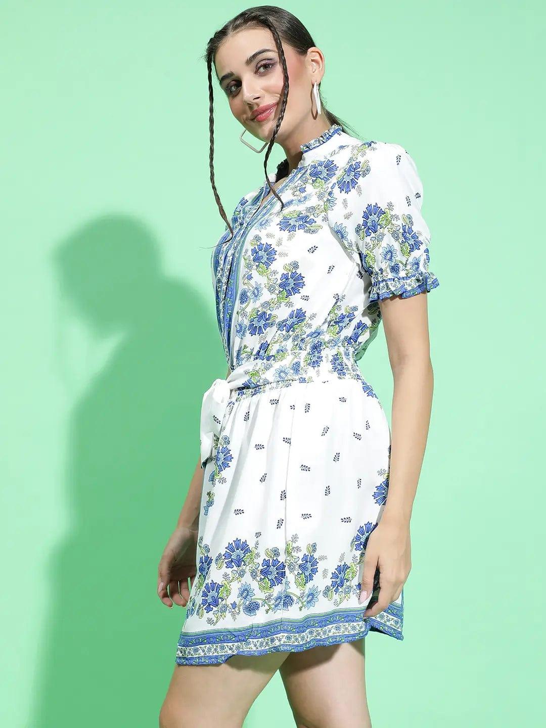 Picky Blue Scarf Floral Print Waist Tie-Knot Belt Detail Women Dress - Image 3