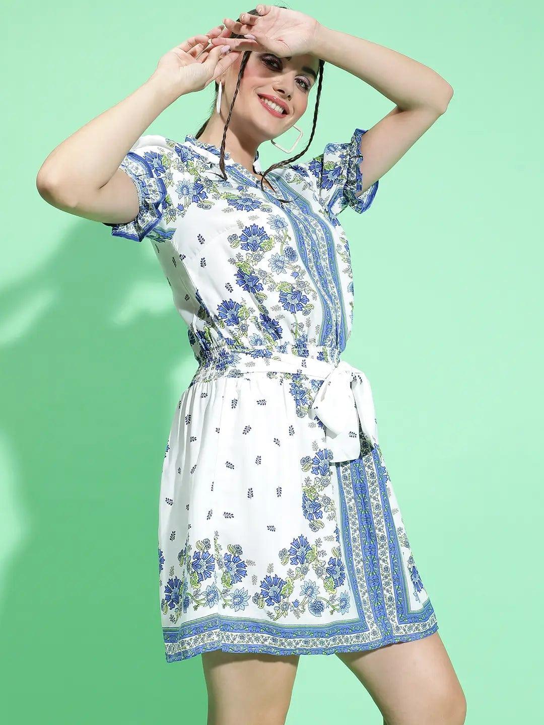Picky Blue Scarf Floral Print Waist Tie-Knot Belt Detail Women Dress - Image 4