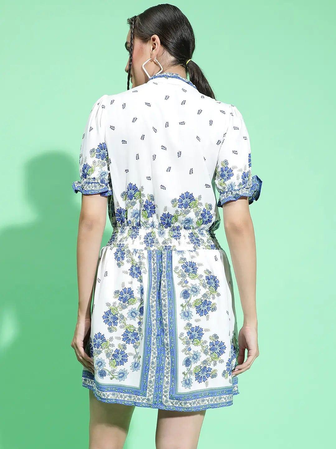 Picky Blue Scarf Floral Print Waist Tie-Knot Belt Detail Women Dress - Image 5