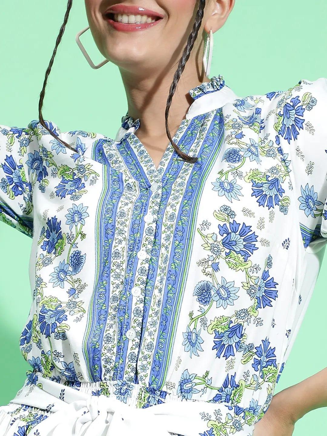 Picky Blue Scarf Floral Print Waist Tie-Knot Belt Detail Women Dress - Image 6