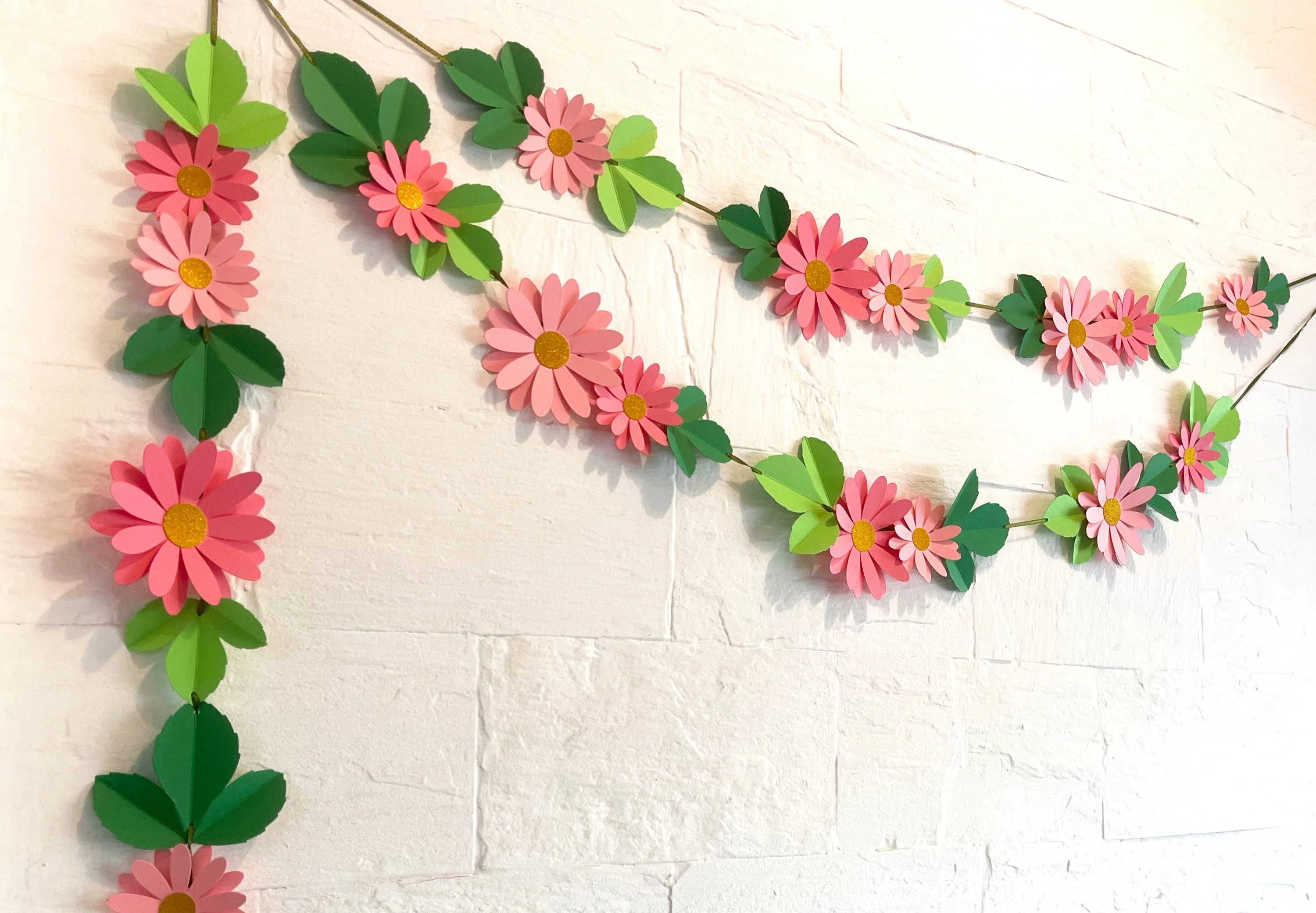 Pink Daisy Flower & Leaves Paper Bunting & Wall Decor - Image 4