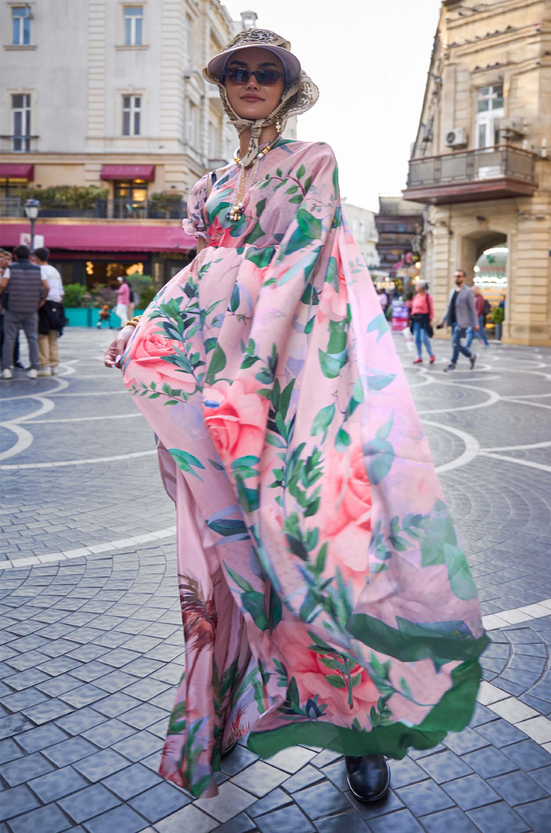 Pink Digital Print Crepe Silk Saree
