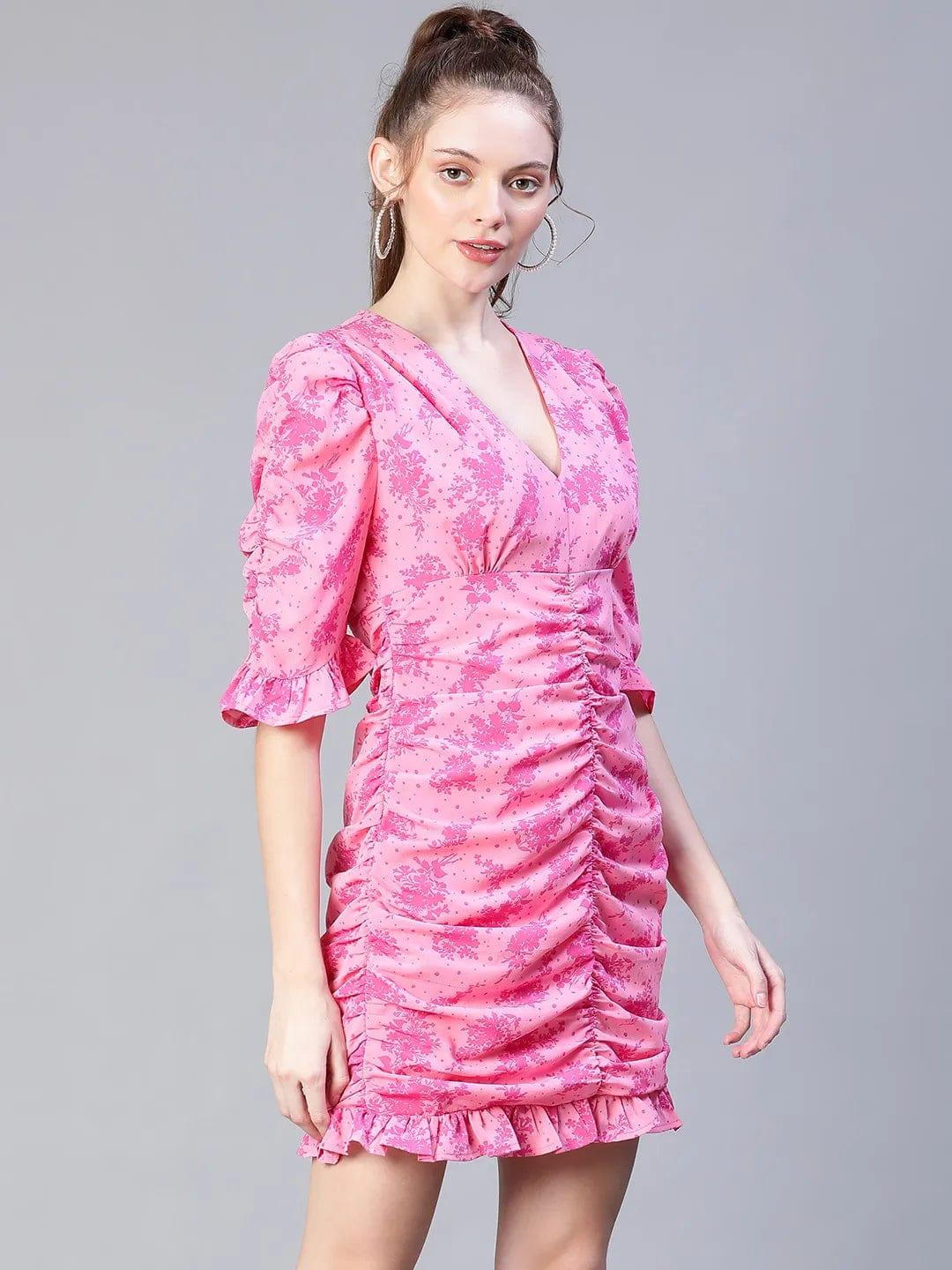 Pink Floral Print Gather Pleated V-Neck Ruffle Women Dress - Image 4