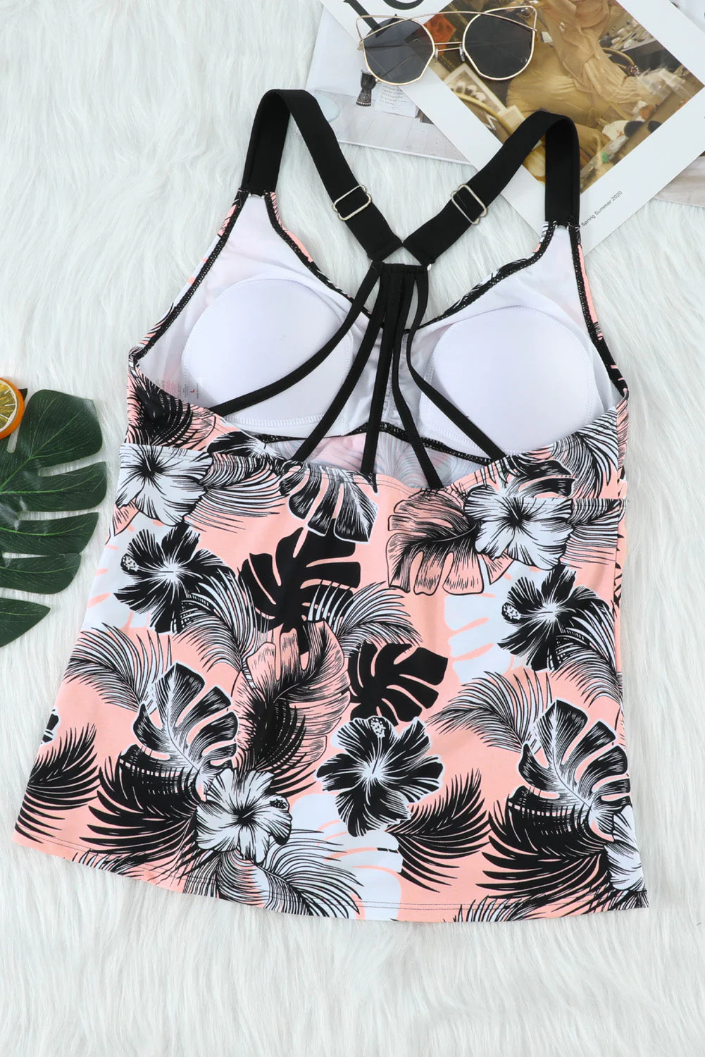 Pink Floral Printed Strappy Raceback Swimwear Top - Image 10
