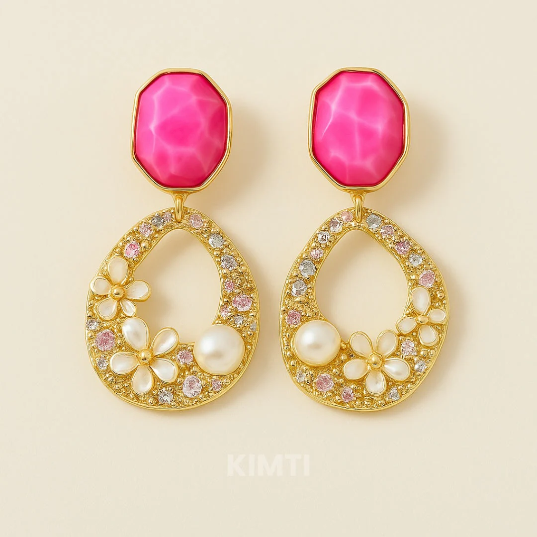 Pink Golden Flower Dangler Earring