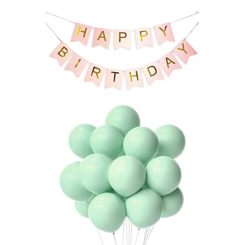 Pink Happy Birthday Banner And Pastel Green Metallic Balloons