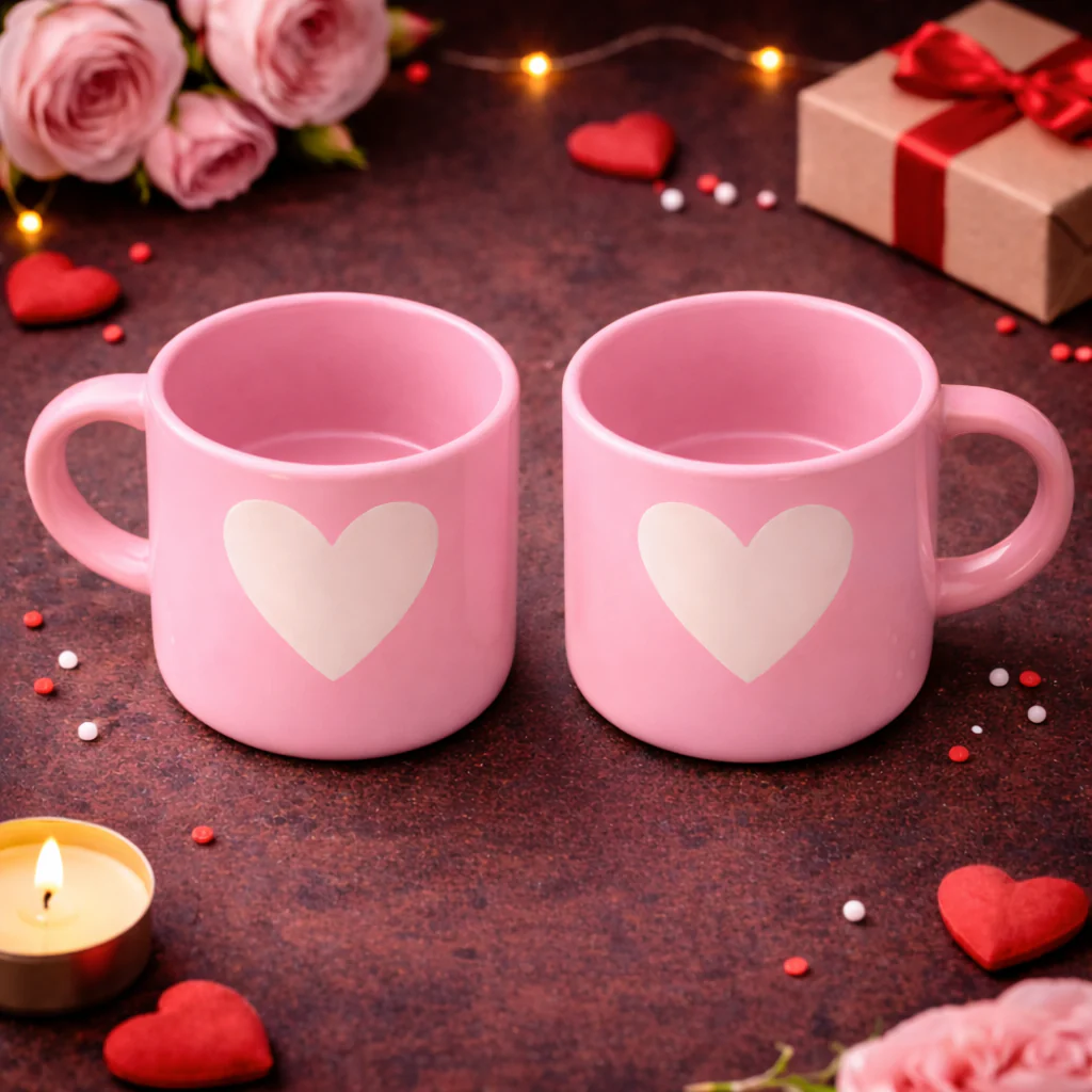 Pink Heart Ceramic Coffee Mug Set of 2 | Valentine Gift Mugs - Image 2
