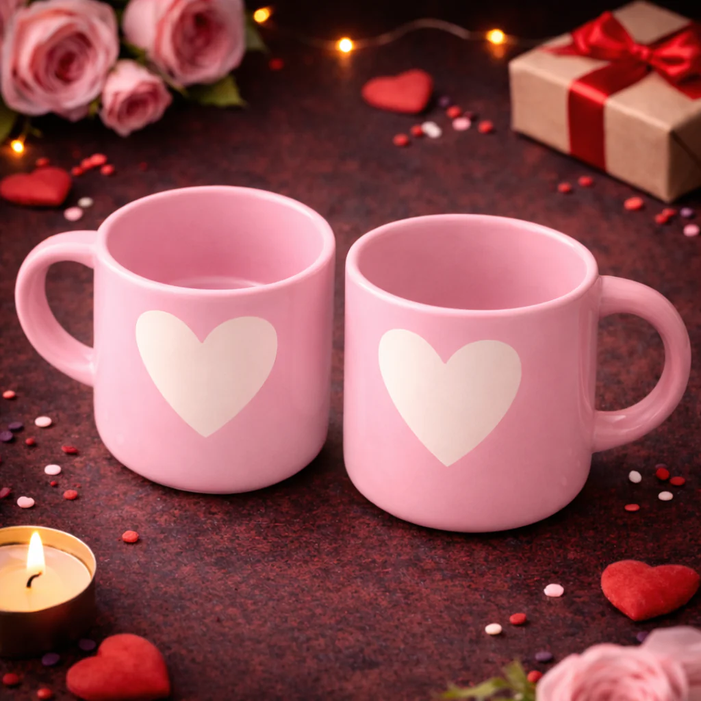 Pink Heart Ceramic Coffee Mug Set of 2 | Valentine Gift Mugs - Image 3