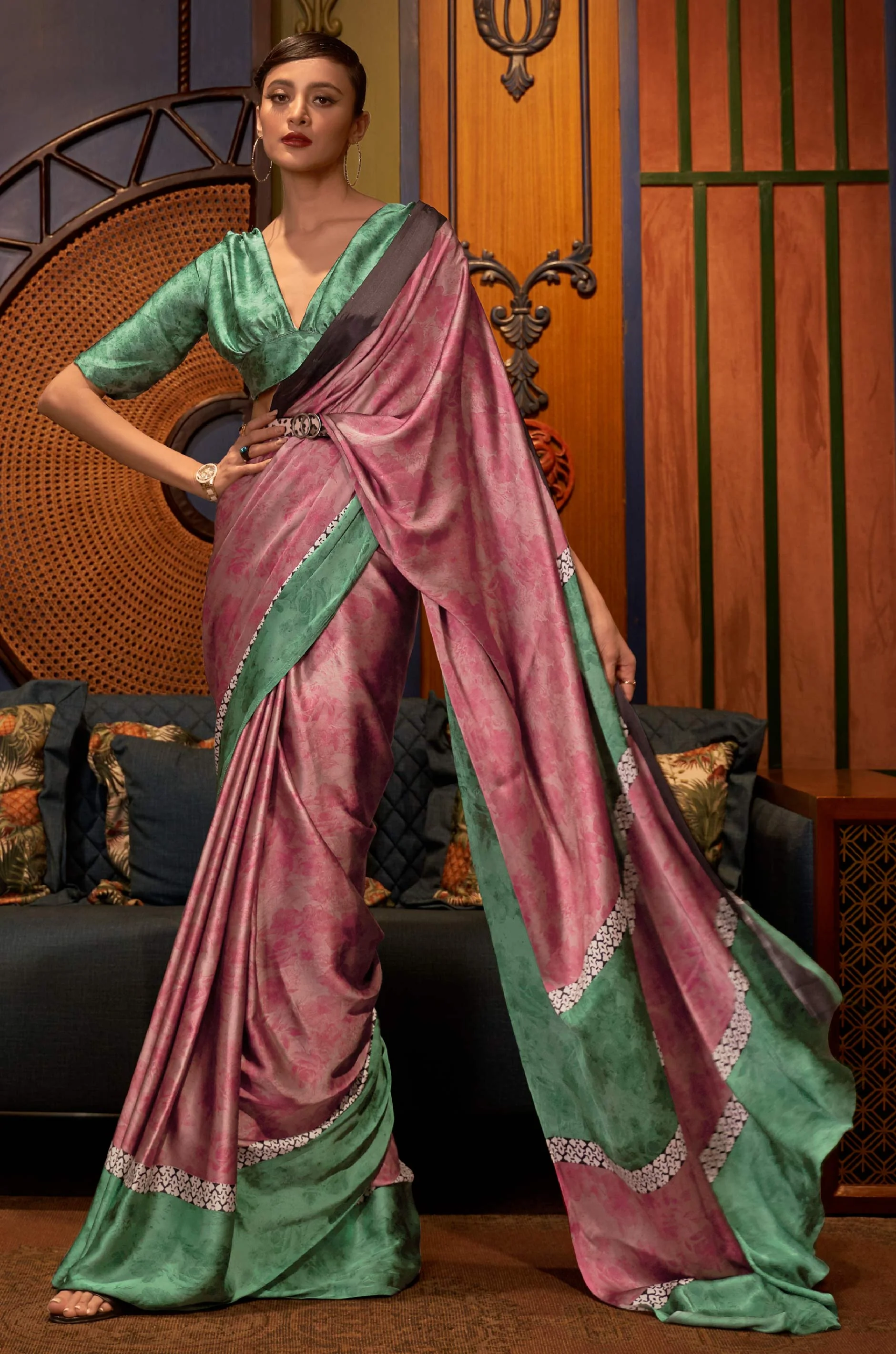 Pink Satin Crepe Saree