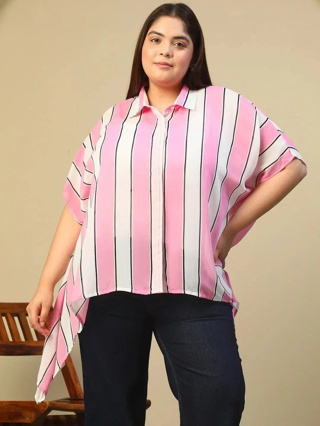 Pink Stripe Print Coallred Button Down High Low Hem Plus Size Women Top