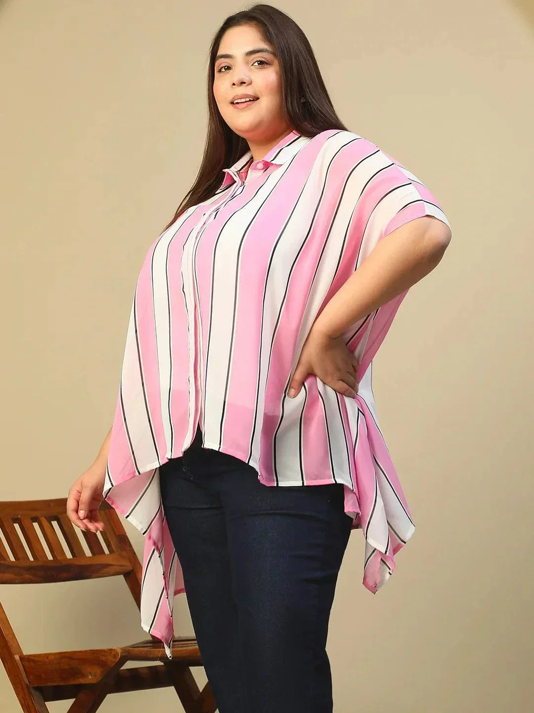 Pink Stripe Print Coallred Button Down High Low Hem Plus Size Women Top - Image 3