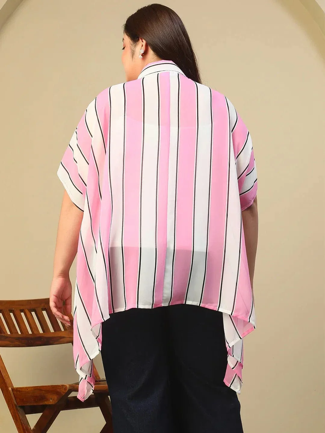 Pink Stripe Print Coallred Button Down High Low Hem Plus Size Women Top - Image 5