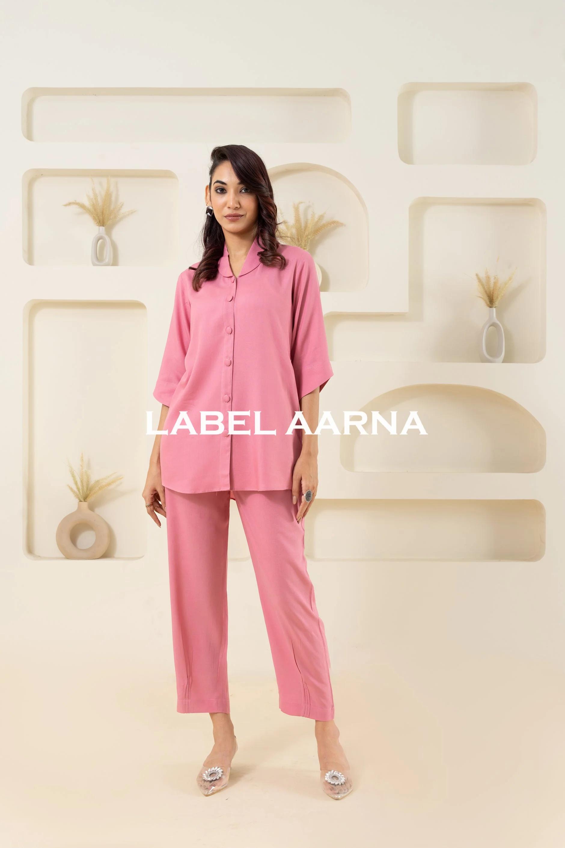 Pink Viscose Shawl Collar Solid Co-Ord Set