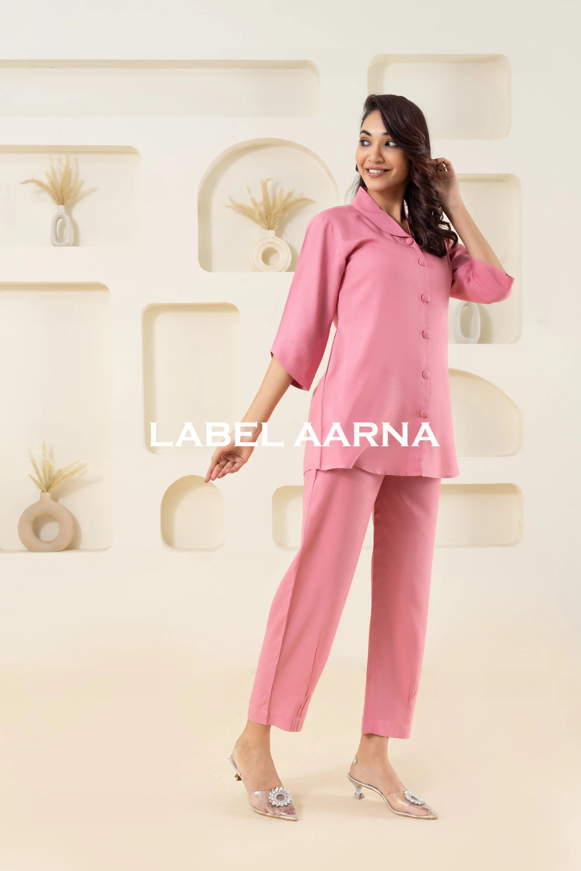 Pink Viscose Shawl Collar Solid Co-Ord Set - Image 4