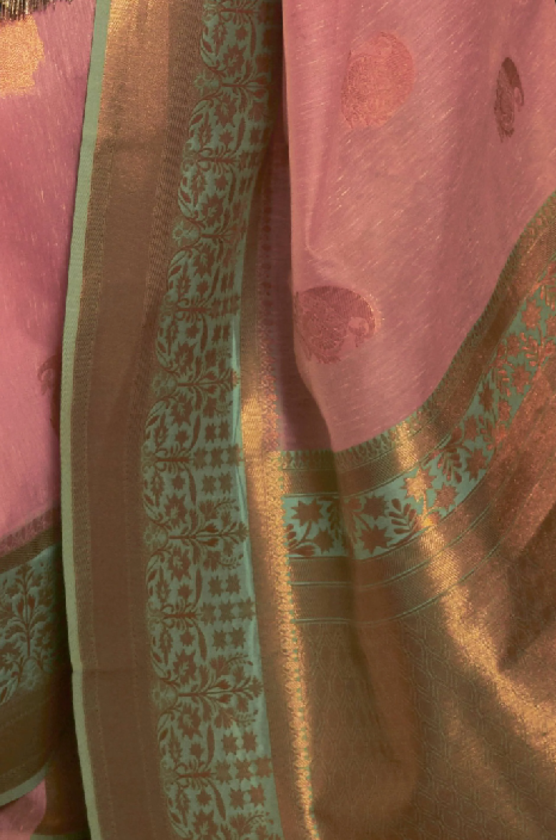 Pink Woven Linen Saree - Image 2