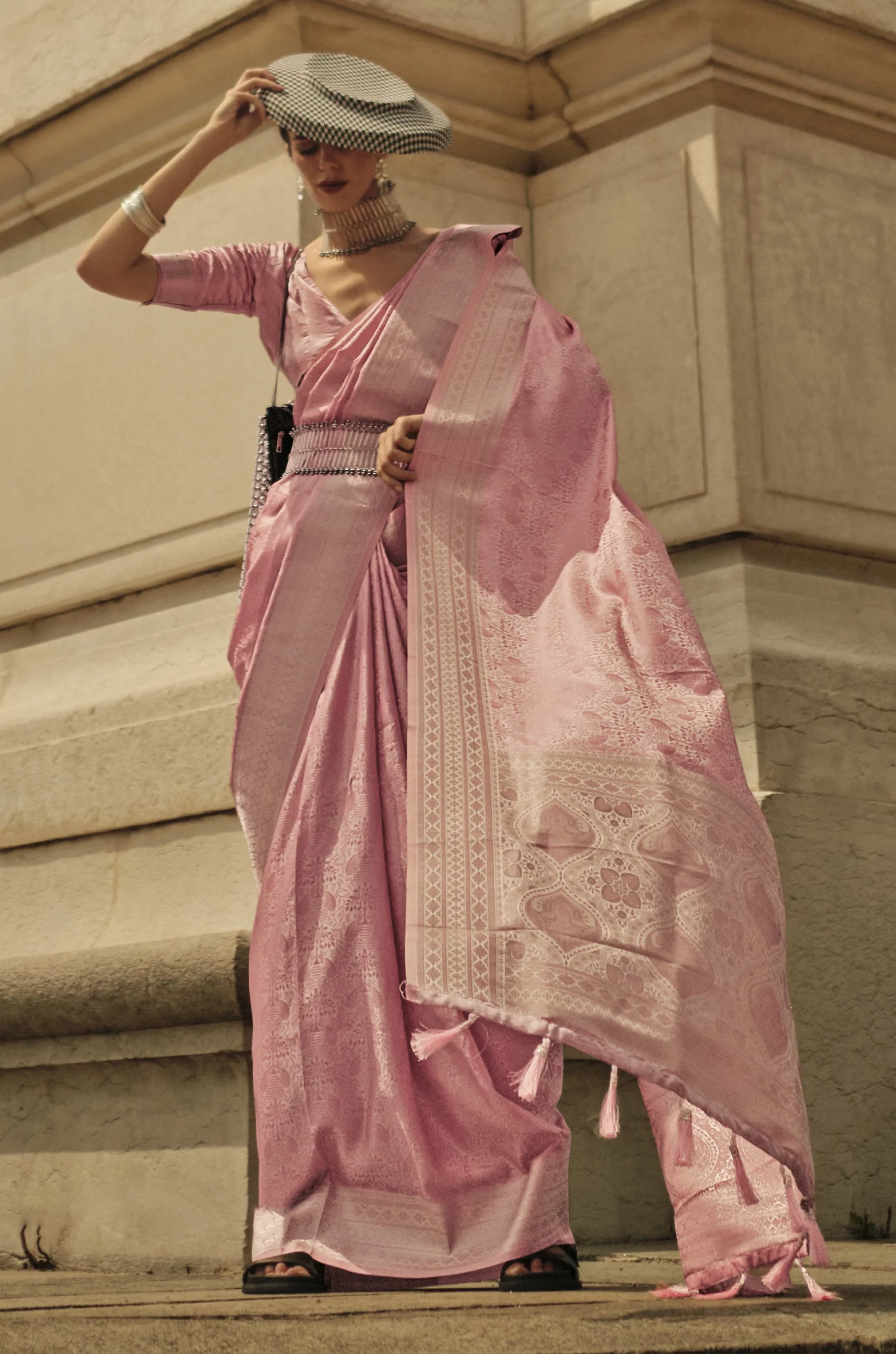 Pink Woven Satin Silk Saree - Image 2