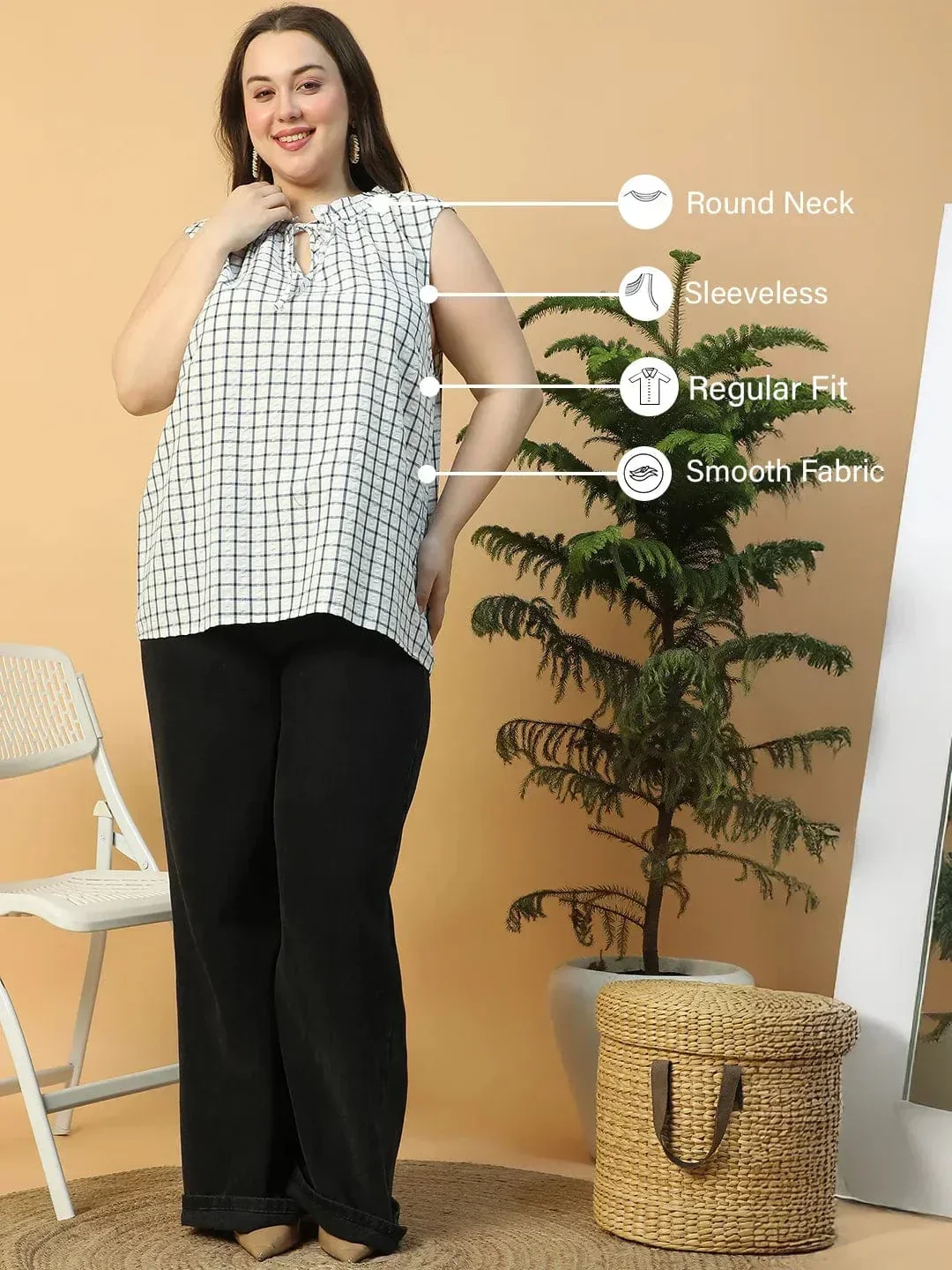 Pinnacle White Check Print Tie-Up detail Sleeveless Plus Size Women Cotton Top - Image 2