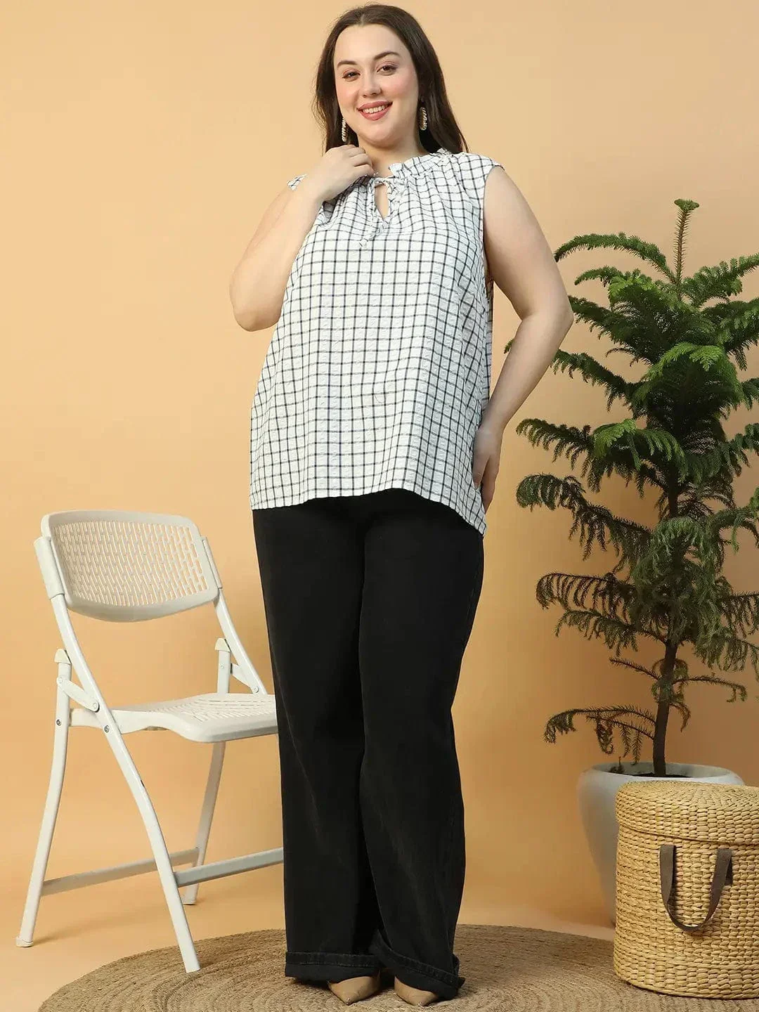 Pinnacle White Check Print Tie-Up detail Sleeveless Plus Size Women Cotton Top - Image 3
