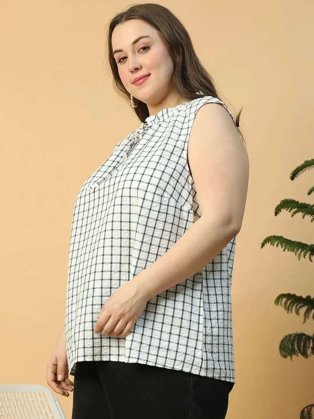 Pinnacle White Check Print Tie-Up detail Sleeveless Plus Size Women Cotton Top - Image 4
