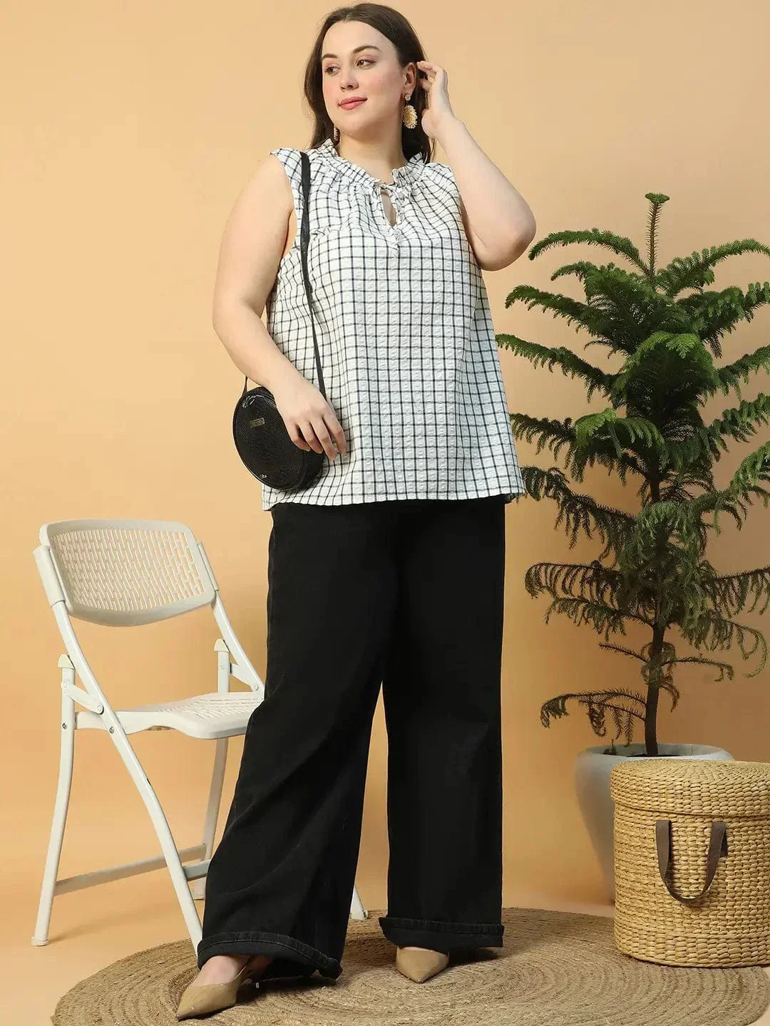 Pinnacle White Check Print Tie-Up detail Sleeveless Plus Size Women Cotton Top - Image 9