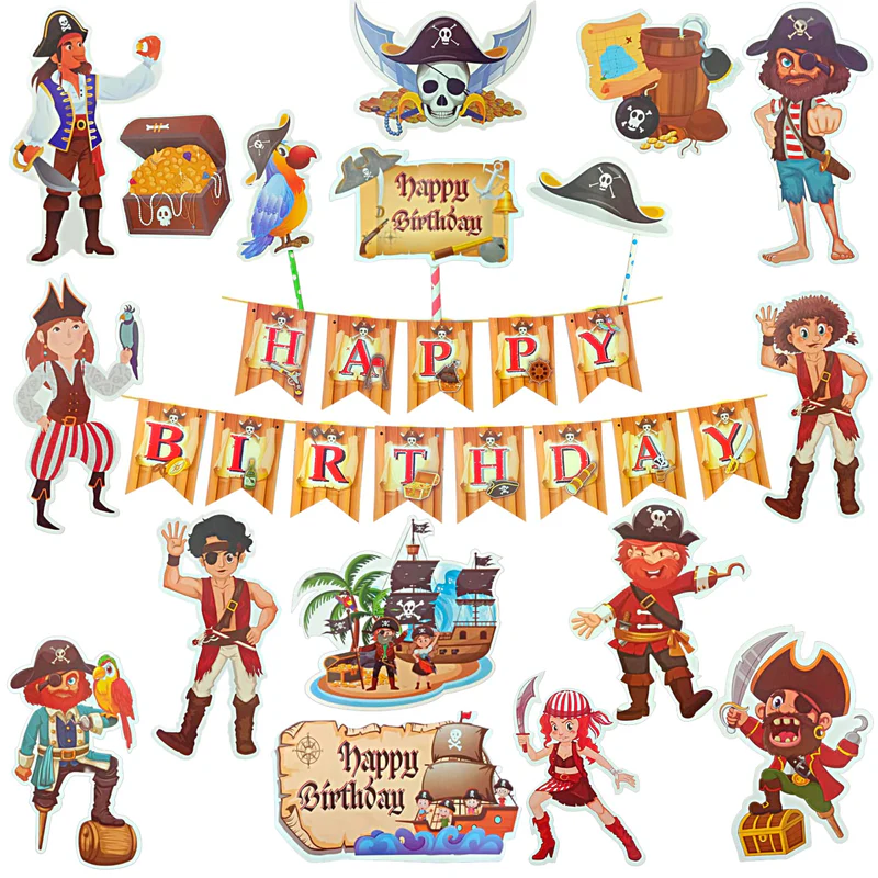 Pirate Theme Birthday Decoration Set With Posters And Happy Birthday Banner, Caketopper  (Pack of 18) - Image 3