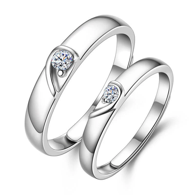 Platinum Plated Romantic Lover'S Adjustable Silver Plated Adjustable Broken Heart Metal Cubic Zirconia Couple Ring Set Metal Platinum Plated Ring